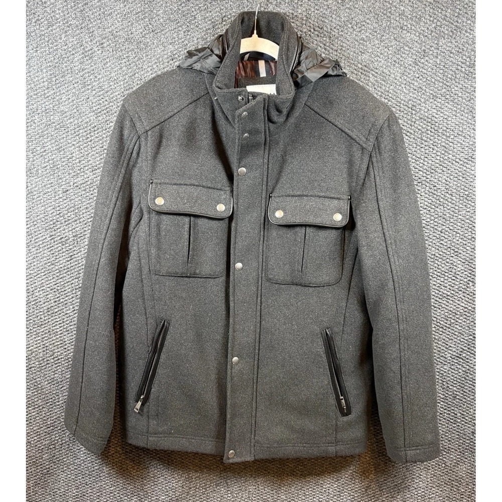 Cole Haan Signature‎ Men's S Wool Melton Stand Collar Jacket Pockets Hidden Hood